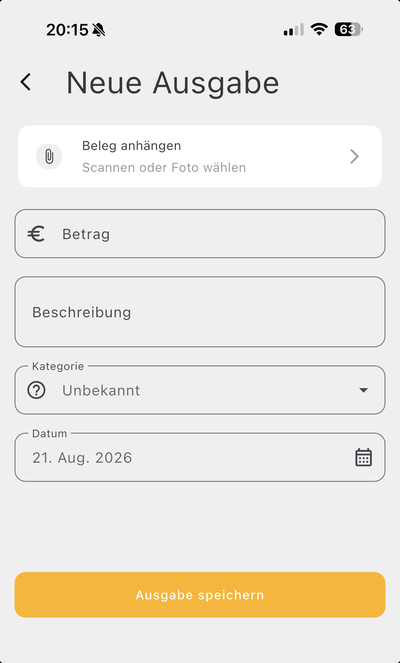 Neue Ausgabe in XRegister: Beleg anhängen, Betrag, Beschreibung, Kategorie und Datum